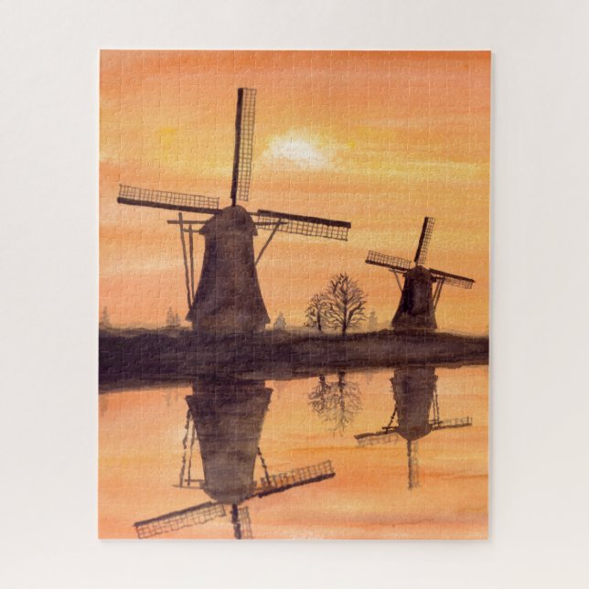 Windmills Sunset - Watercolor Painting Jigsaw Puzzle (Vertical)