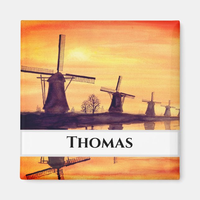 Windmills Sunset - Watercolor Painting Magnet (Front)