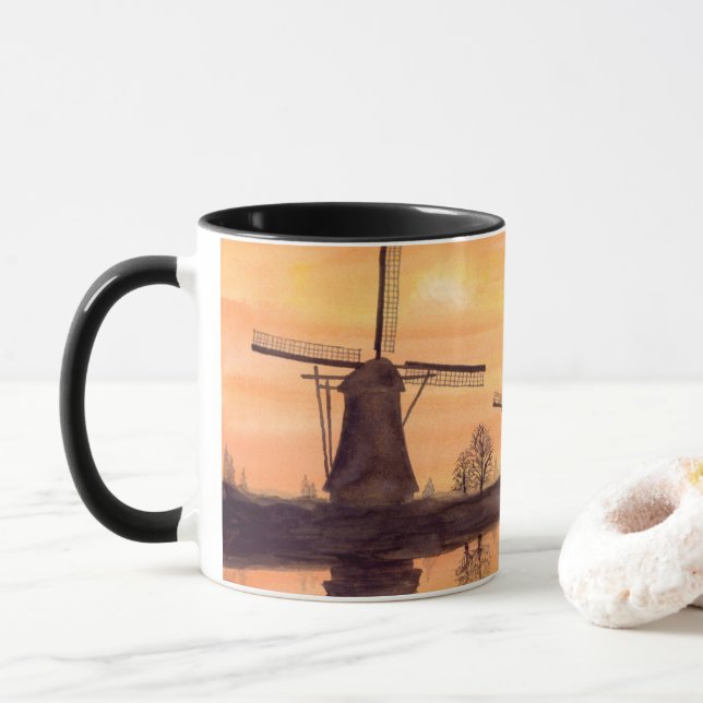Windmills Sunset - Watercolor Painting Mug (With Donut)