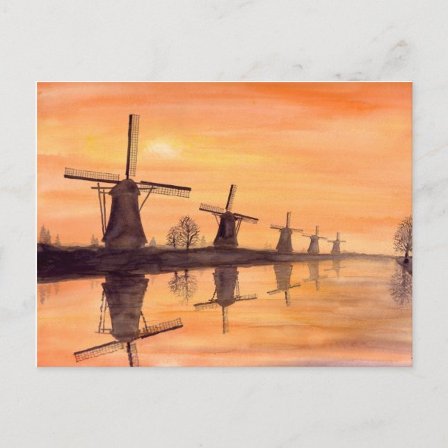 Windmills Sunset - Watercolor Painting Postcard (Front)
