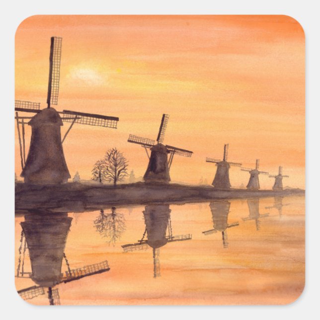 Windmills Sunset - Watercolor Painting Square Sticker (Front)