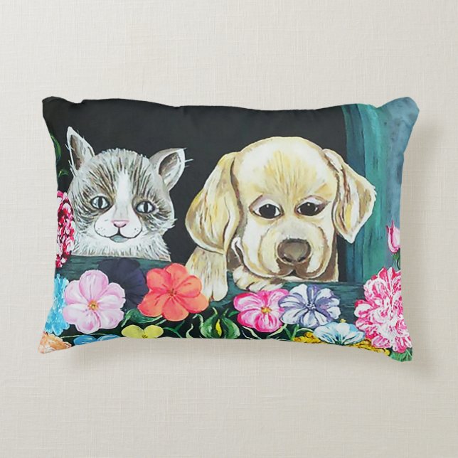 Window Box Pets Pillow, Cotton Decorative Pillow (Back)