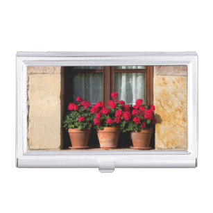Window flower pots in village business card holder