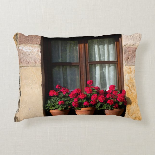 Window flower pots in village decorative pillow (Front)