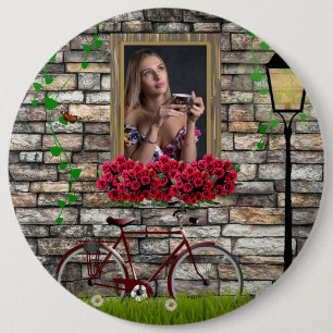 Window flowers bicycle wall personalized photo  6 inch round button
