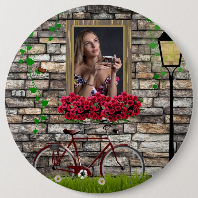 Window flowers bicycle wall personalized photo  6 inch round button (Front)