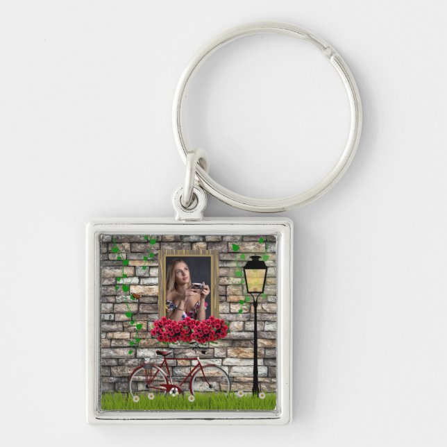Window flowers bicycle wall personalized photo  keychain (Front)