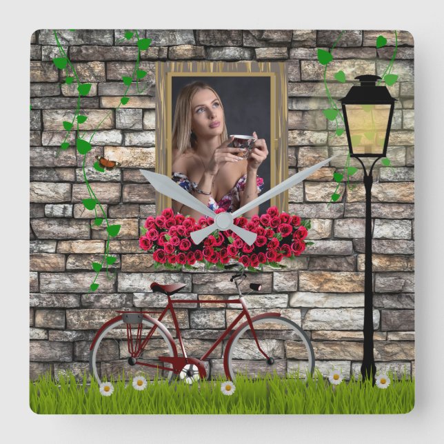Window flowers bicycle wall personalized photo square wall clock (Front)