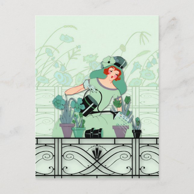 WINDOW GARDEN, ART DECO LADY: SEA GREEN POSTCARD (Front)