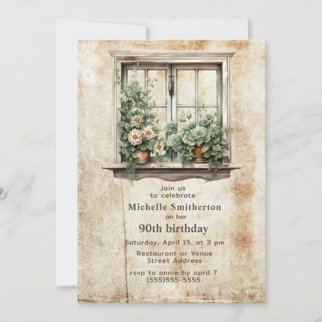 Window Garden Succulents Rustic 90th Birthday Invitation (Front)