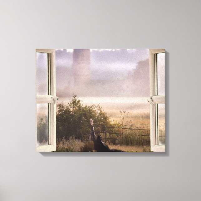 Window open misty morning with barn owl canvas print (Front)