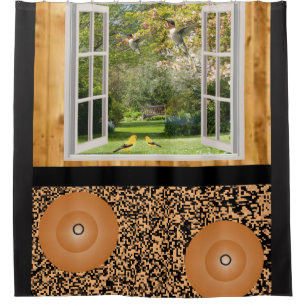 Window pane birds black tan showercurtain