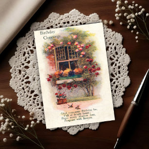 Window Roses Vintage 1920 Birthday Greetings Postcard