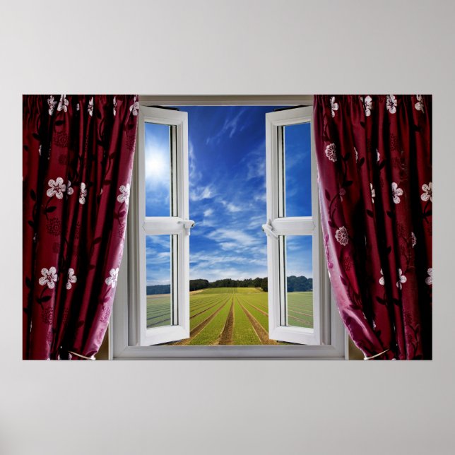 Window view onto arable farmland and blue skies poster (Front)