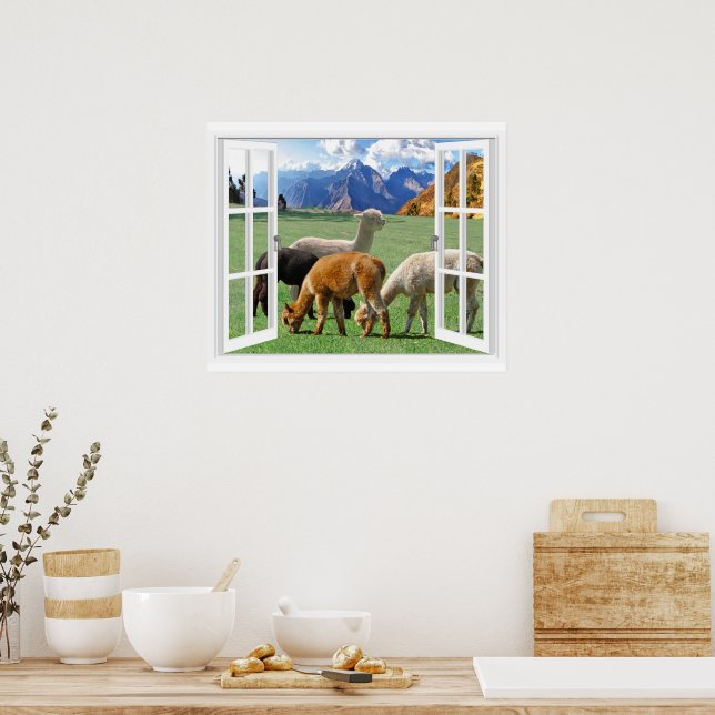 Window View With Mountains And Alpaca  Poster (Kitchen)