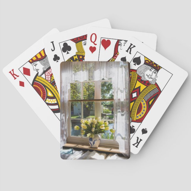 Window with lace curtain and tulips playing cards (Back)