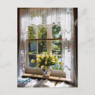 Window with lace curtain and tulips postcard