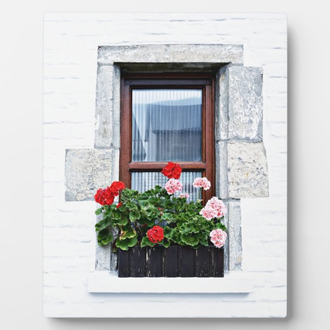 window with red flowers on white wall plaque (Front)