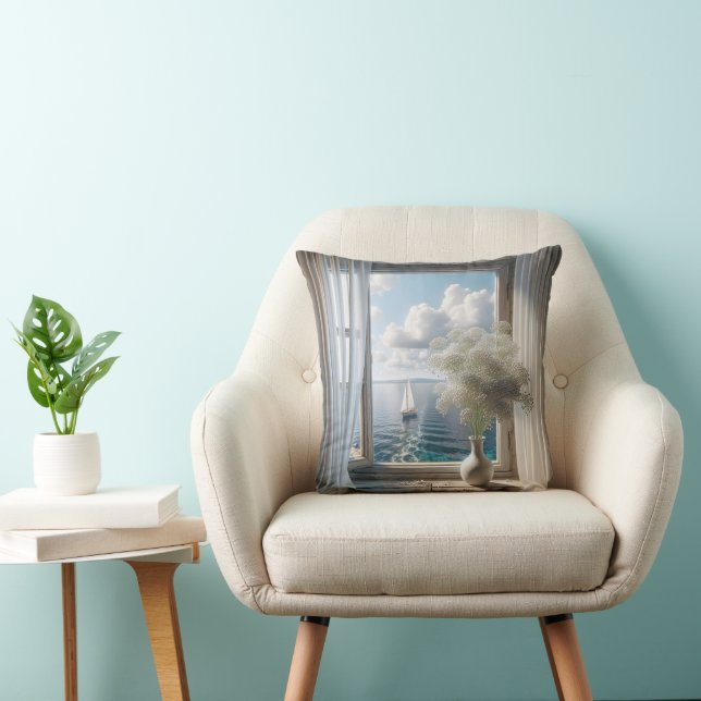 Window With Sailboat Ocean View Throw Pillow (Chair)