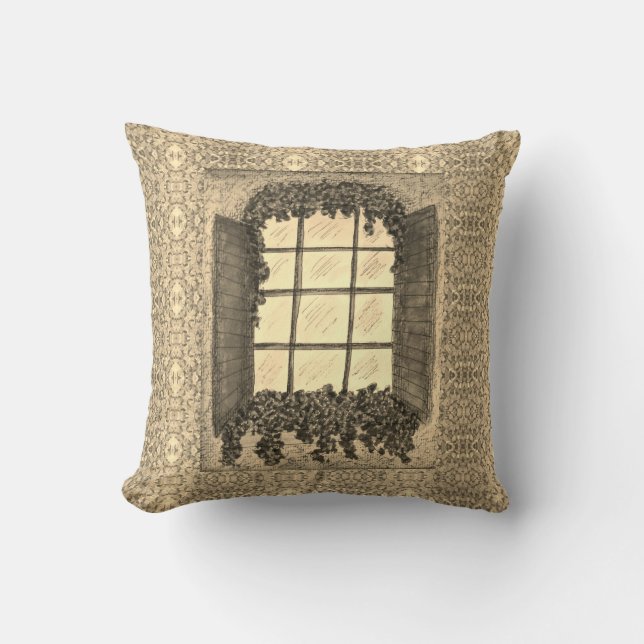 Window with Shutters SEPIA Throw Pillow (Front)