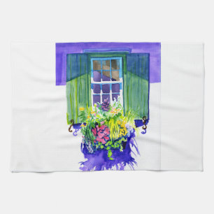 Windowbox watercolor kitchen towel