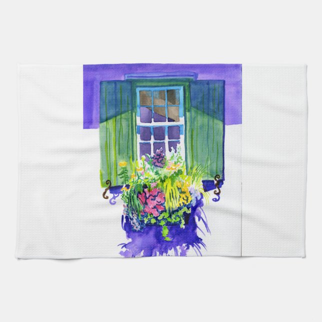 Windowbox watercolor kitchen towel (Horizontal)