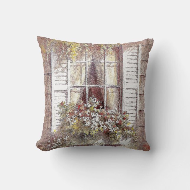 WIndows, Shutters, Flowers, Springtime Beautiful Throw Pillow (Front)
