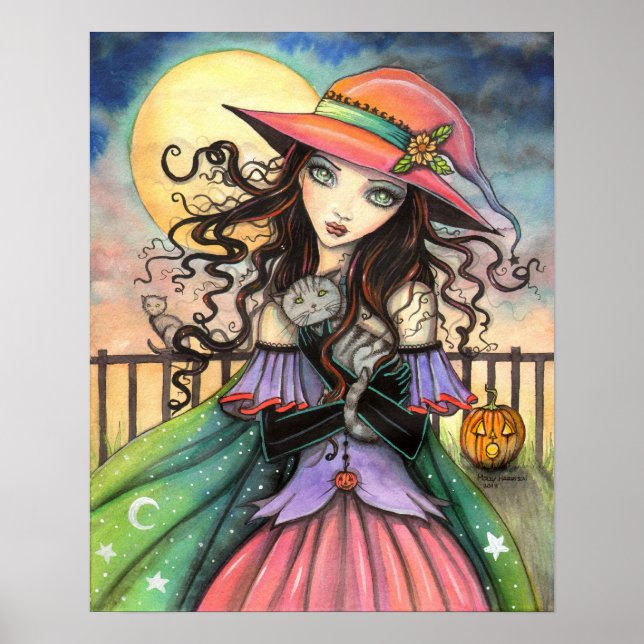 Winds of Halloween Fantasy Art Witch and Tabby Cat Poster (Front)
