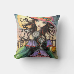Winds of Halloween Witch Tabby Cat Fantasy Art Throw Pillow