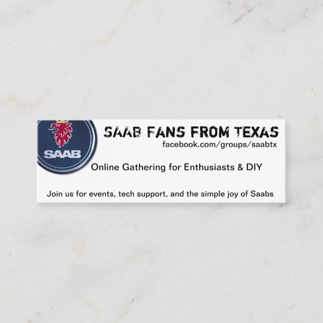 Windshield Cards, thin - Saab Fans from TX Mini Business Card (Front)