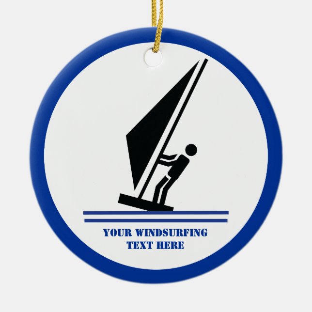 Windsurfer on board black, blue windsurfing custom ceramic ornament (Front)