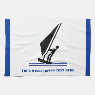 Windsurfer on board black, blue windsurfing custom kitchen towel