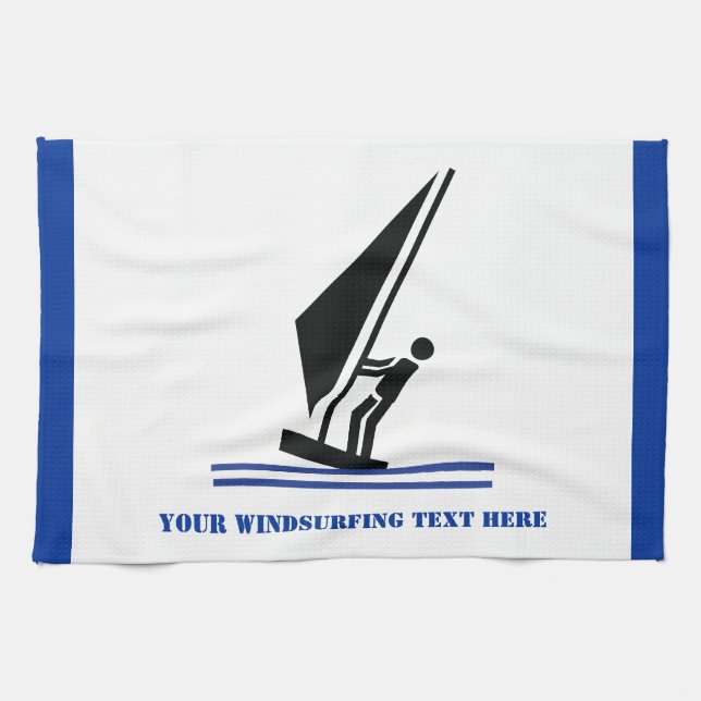 Windsurfer on board black, blue windsurfing custom kitchen towel (Horizontal)