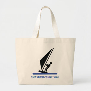 Windsurfer on board black, blue windsurfing custom large tote bag