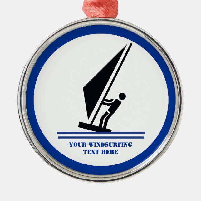 Windsurfer on board black, blue windsurfing custom metal ornament (Front)