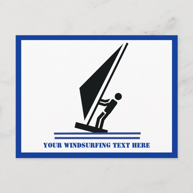 Windsurfer on board black, blue windsurfing custom postcard (Front)