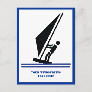 Windsurfer on board black, blue windsurfing custom postcard