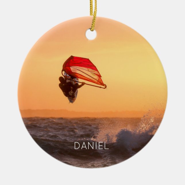Windsurfing At Sunset Surfer Sailboarding Ceramic Ornament (Front)