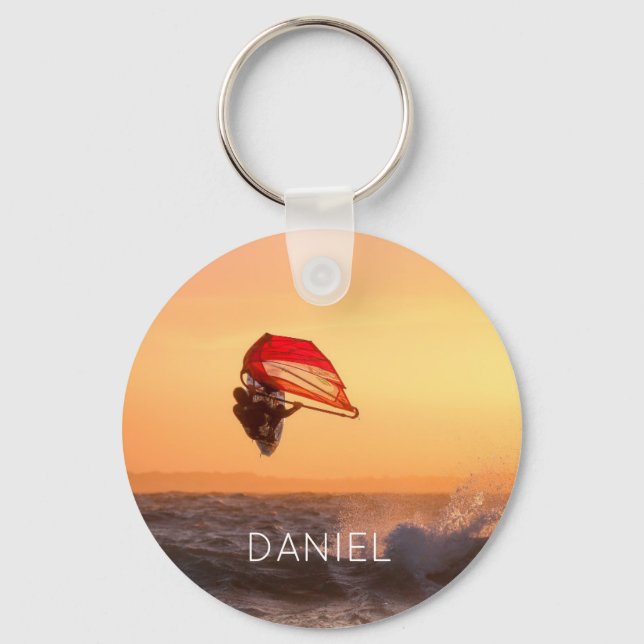 Windsurfing At Sunset Surfer Sailboarding Keychain (Front)