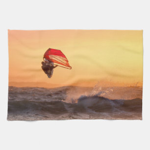 Windsurfing At Sunset Surfer Sailboarding Kitchen Towel