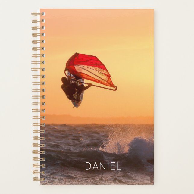 Windsurfing At Sunset Surfer Sailboarding Planner (Front)