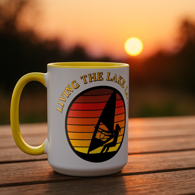Windsurfing Girl Retro Sunset Lake Life Template Mug (Creator Uploaded)