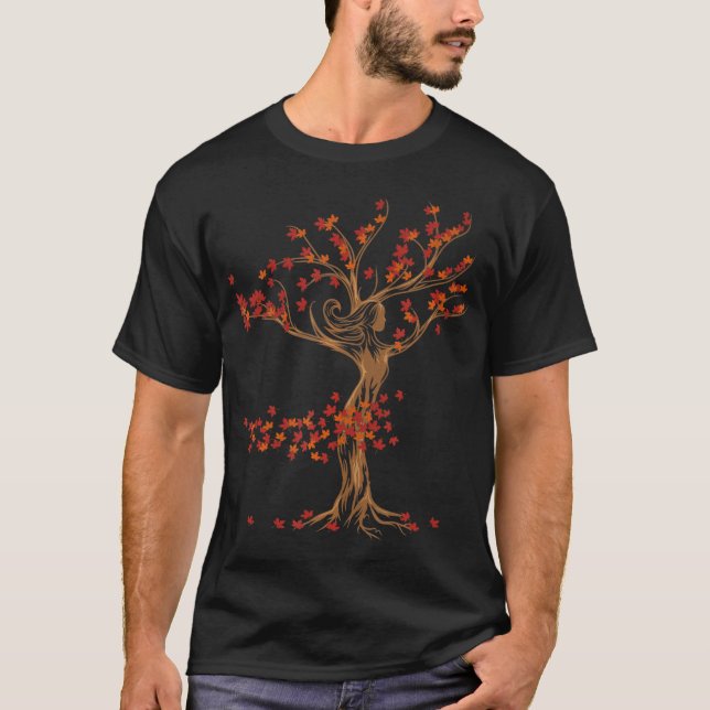 Windswept Autumn Artistic Tree Spirit Dryad Druid T-Shirt (Front)