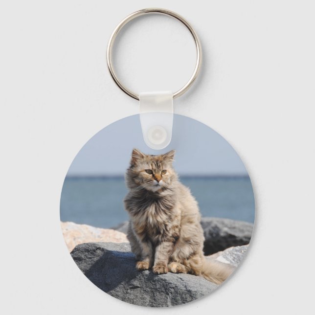 Windswept Cat by the Sea Cute Photo Keychain (Front)