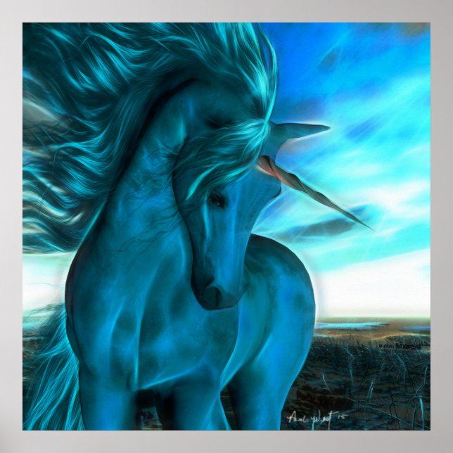 Windswept Unicorn in Azure Poster (Front)