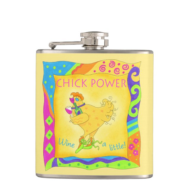 Wine a Little Chick Power Name Personalized Yellow Hip Flask (Front)