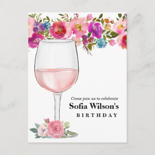 wine, adult birthday, wedding, floral invitation postcard