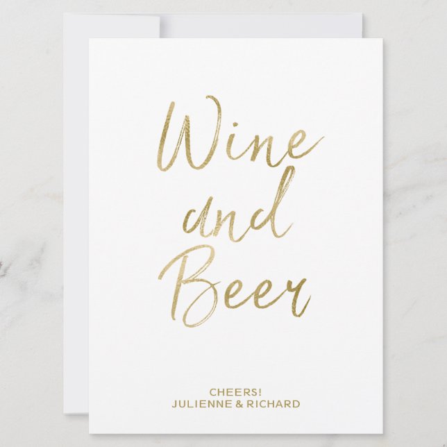 Wine and Beer Sign | Stylish Gold Hand Lettered Invitation (Front)