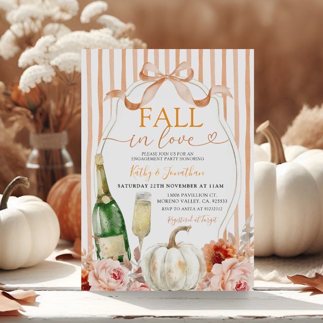 Wine and Bow Fall in Love Pumpkin Engagement Invitation (Creator Uploaded)