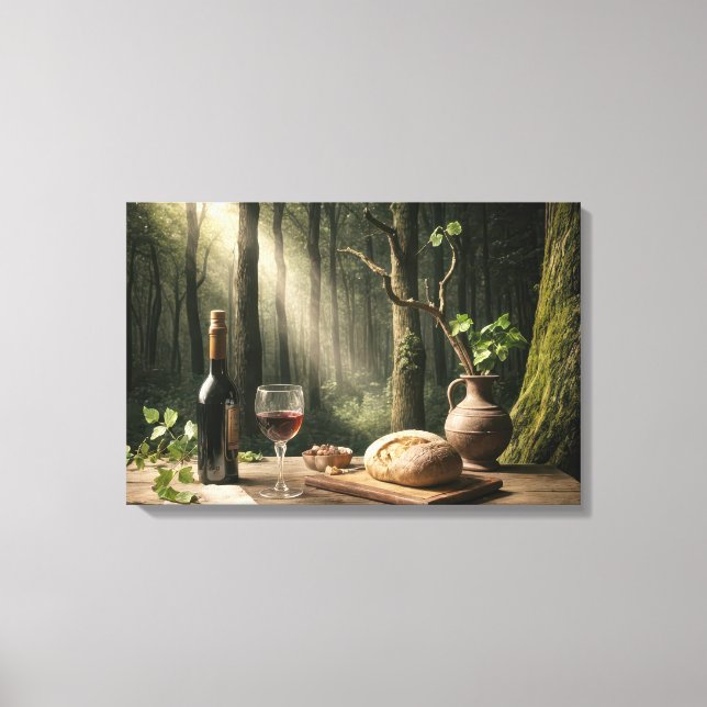 Wine and Bread Loaf On a Forest Table Canvas Print (Front)